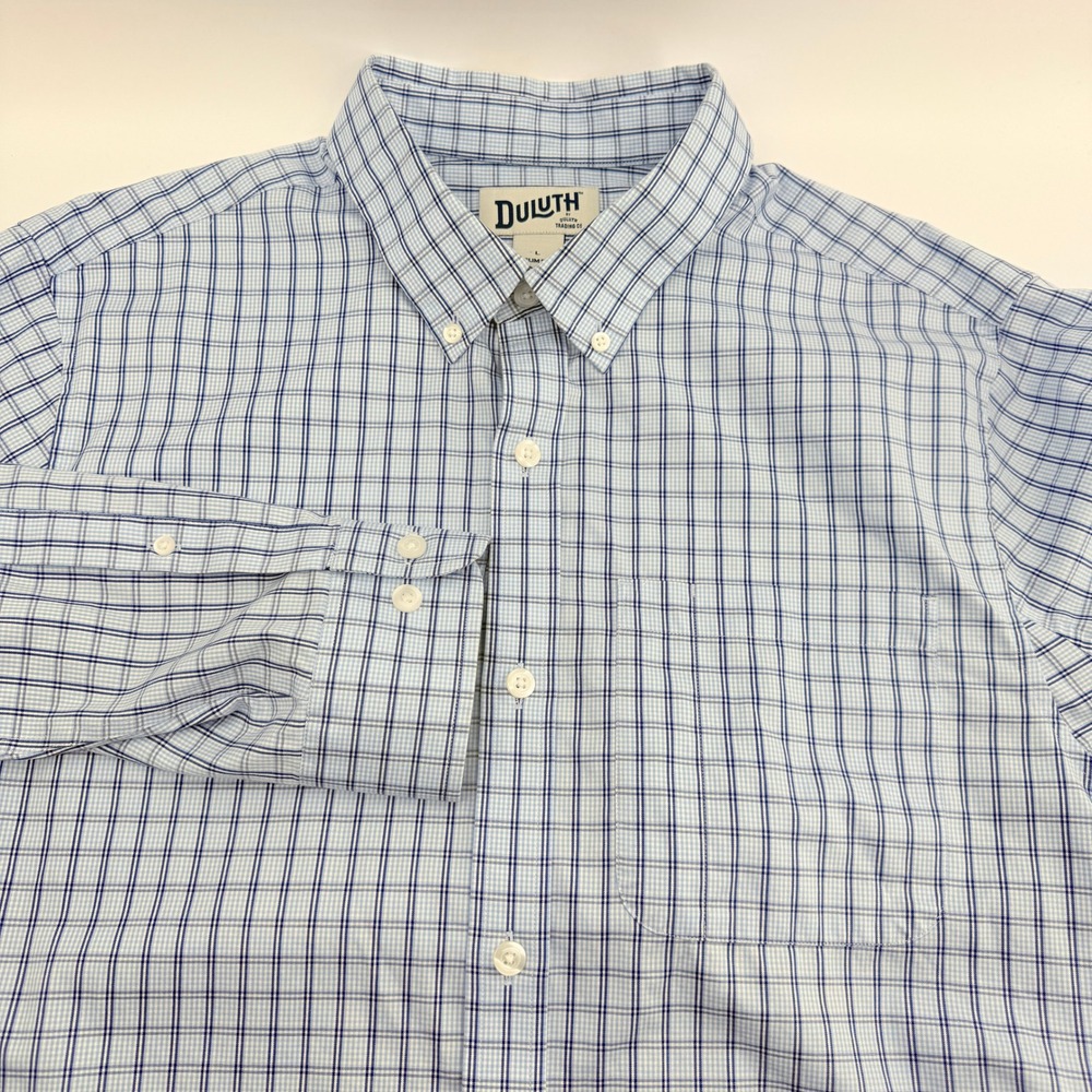 Duluth Trading Co Button Down Shirt Mens Large Slim Fit Blue White Plaid